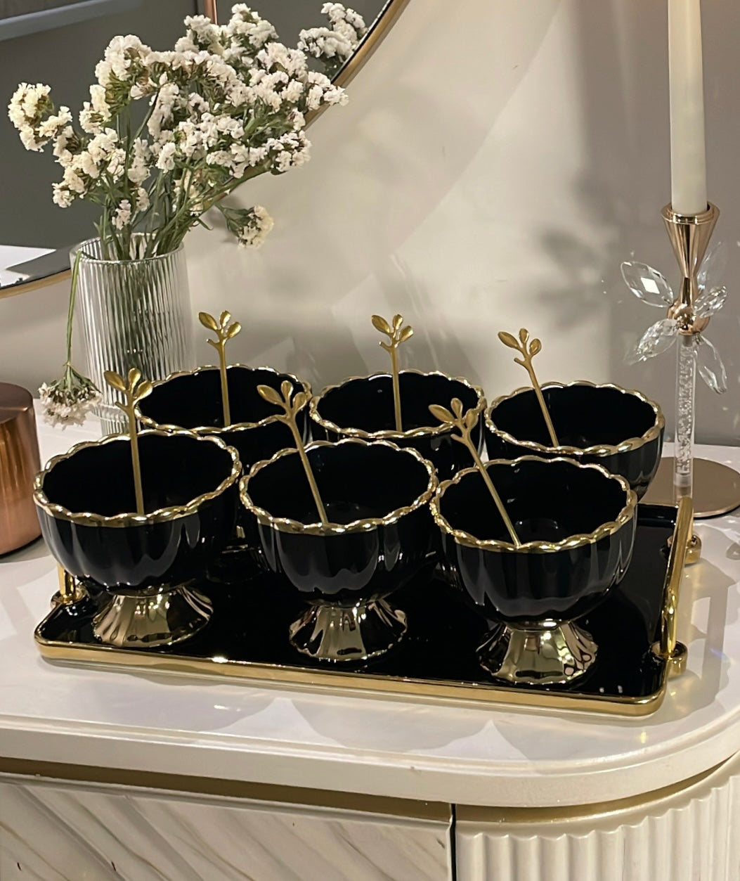 tray with 6 dessert cups and spoons